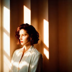 Woman with Wavy Hair Standing by Window in Sunlight with Geometric Shadows