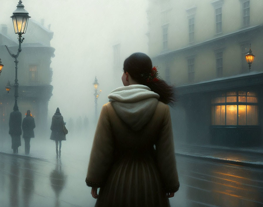 Woman in coat gazes down foggy, lamp-lit street at night