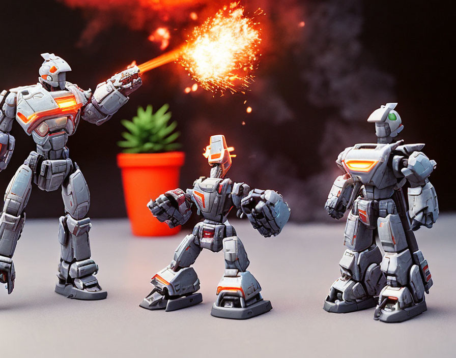 Toy robots with sparkler and black smoke on grey surface with plant