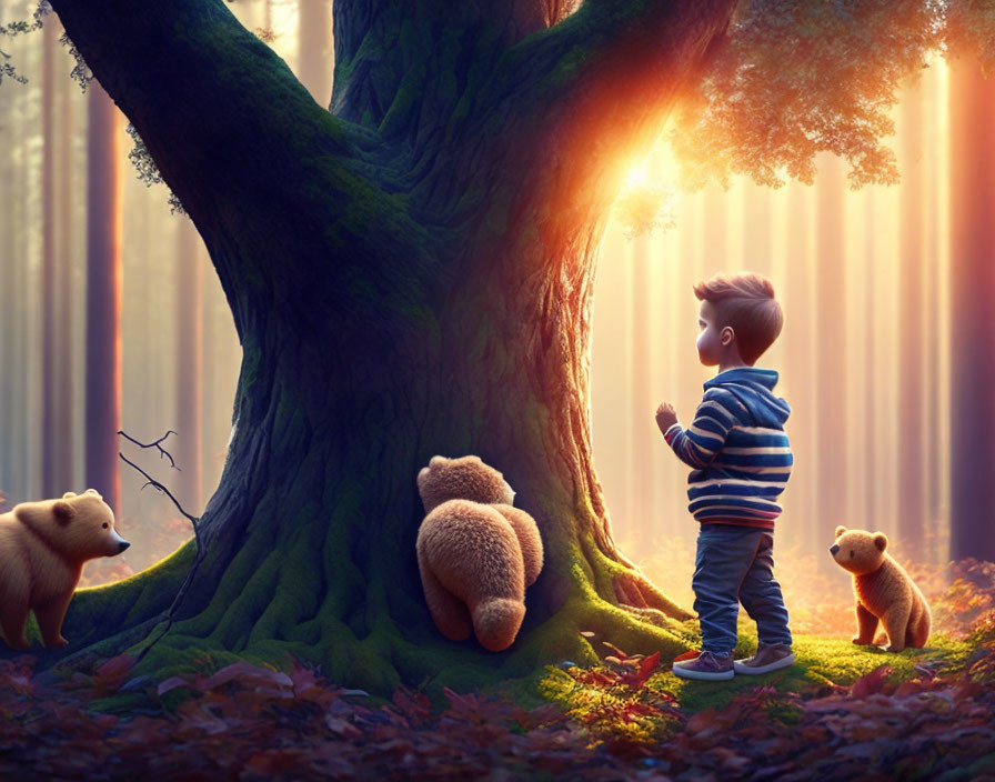 Young boy with teddy bears near large tree in forest sunlight