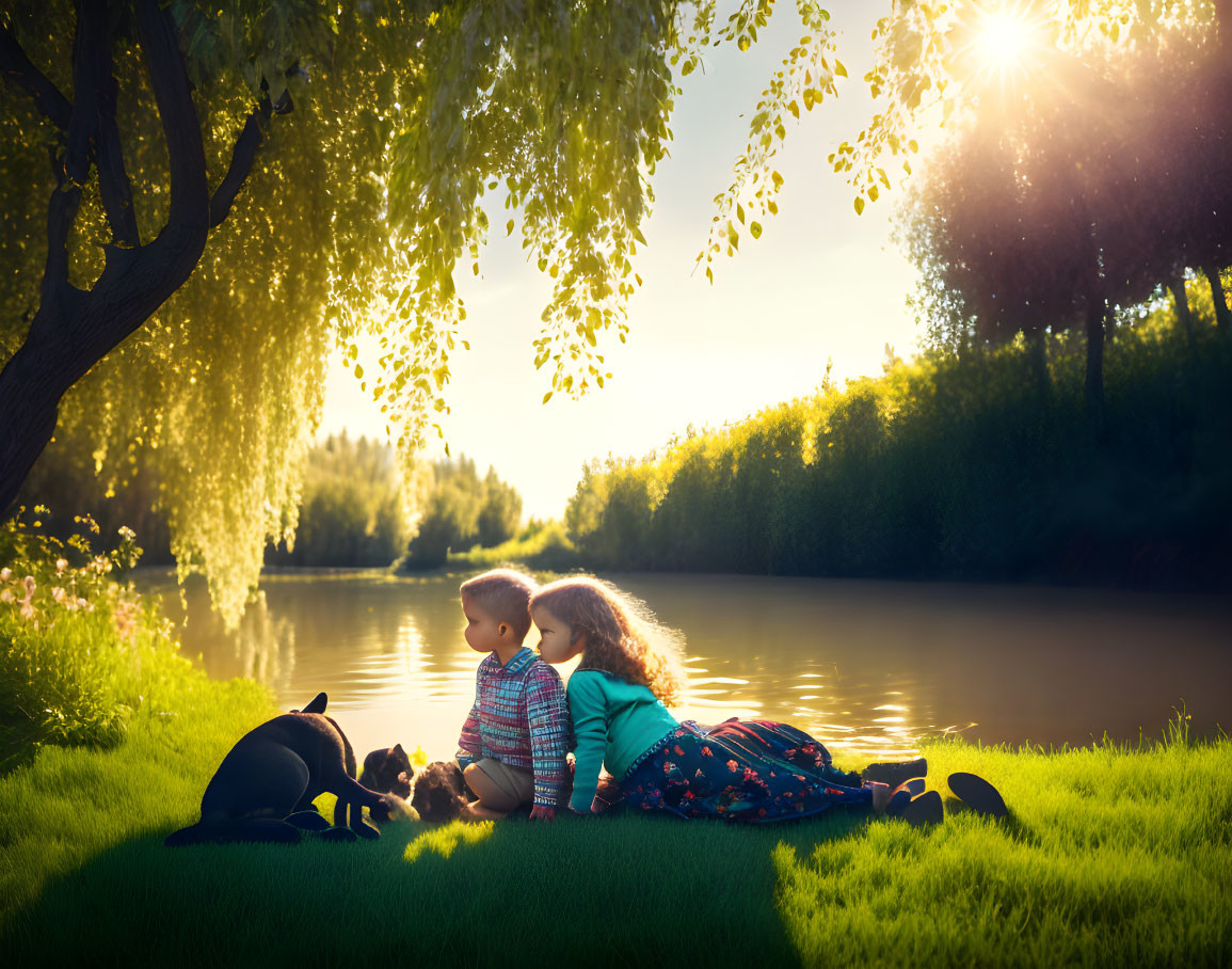 Children and dog by river under tree with sunlight glow