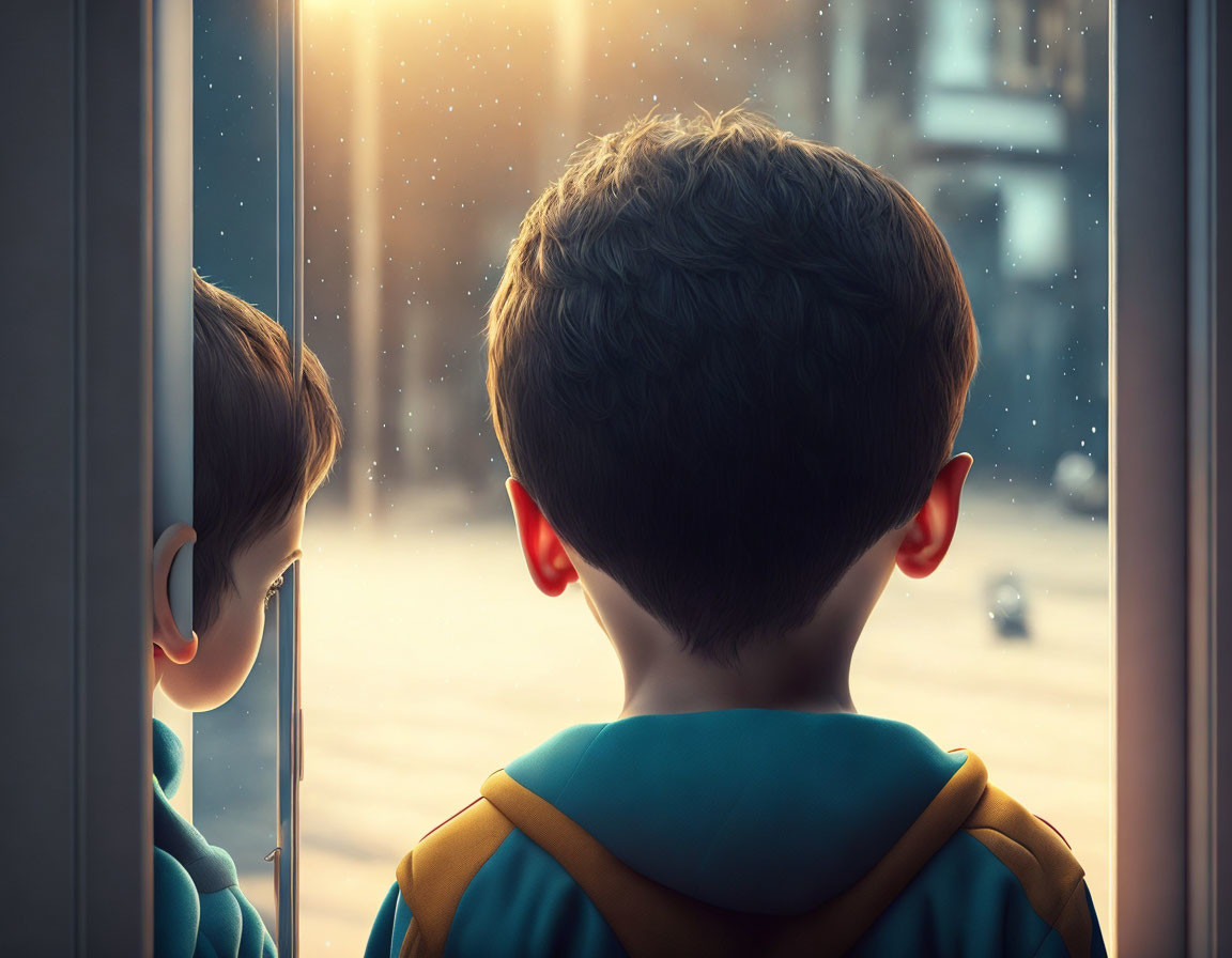 Boy with backpack watching sunset in cityscape through window