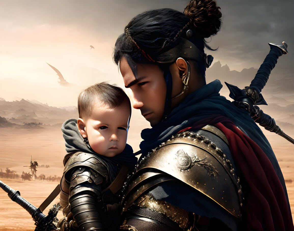 Warrior in Armor Holding Baby on Desolate Battlefield