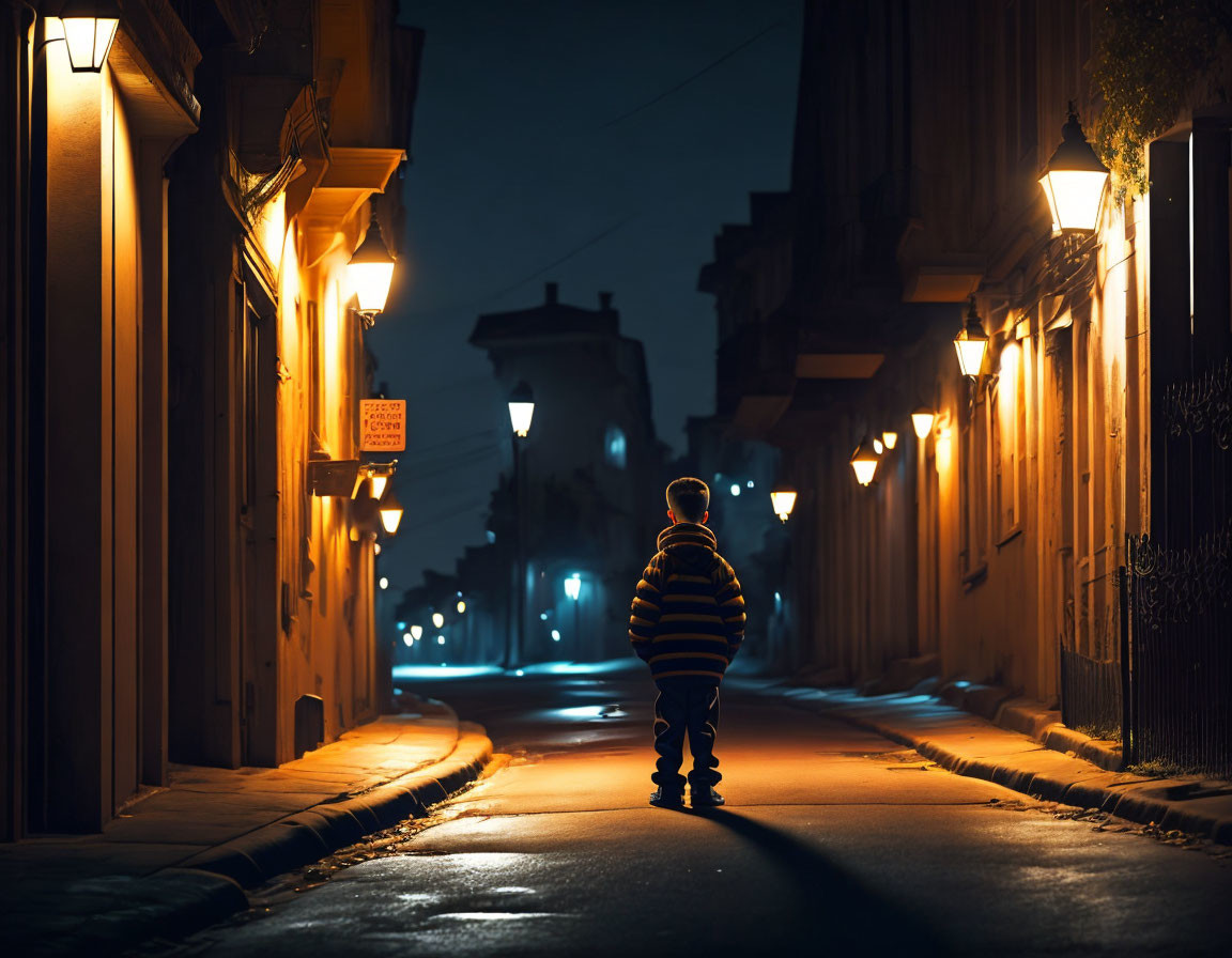 Solitary figure in dimly lit urban night scene