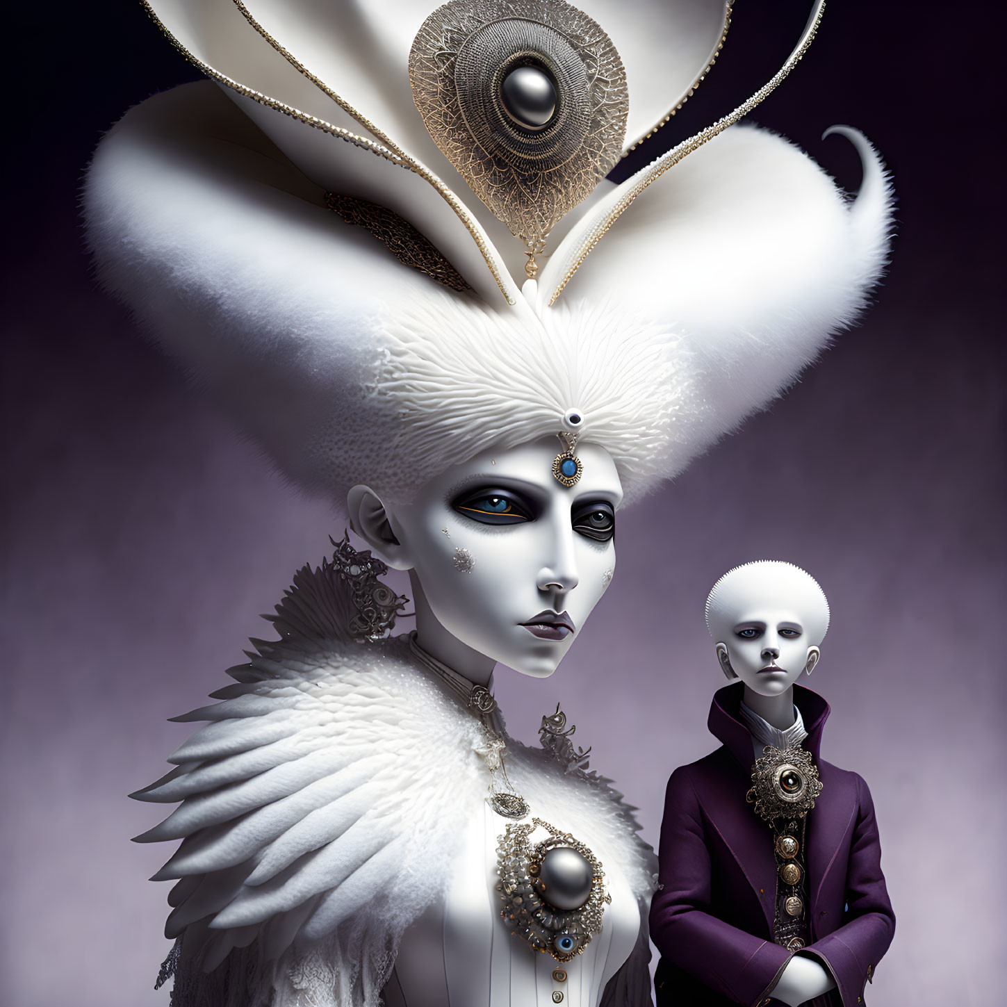 Futuristic figures in ornate attire with golden jewelry and feathered elements