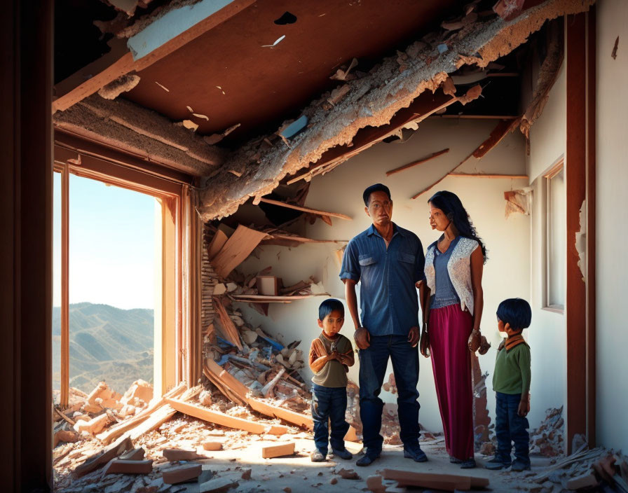 Family in Destroyed Room with Mountain View