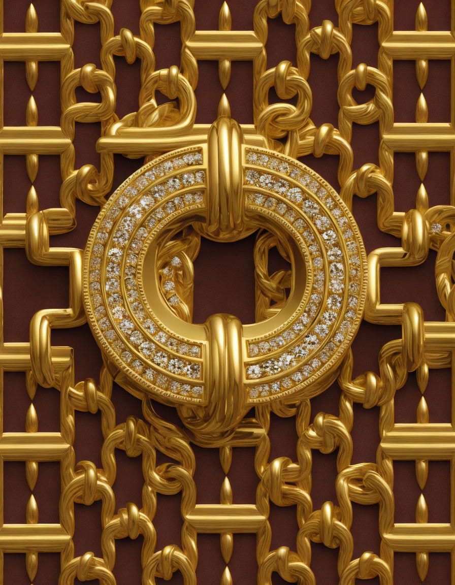 Luxurious Golden Chain Pattern with Diamond-Encrusted Clasp on Deep Red Background