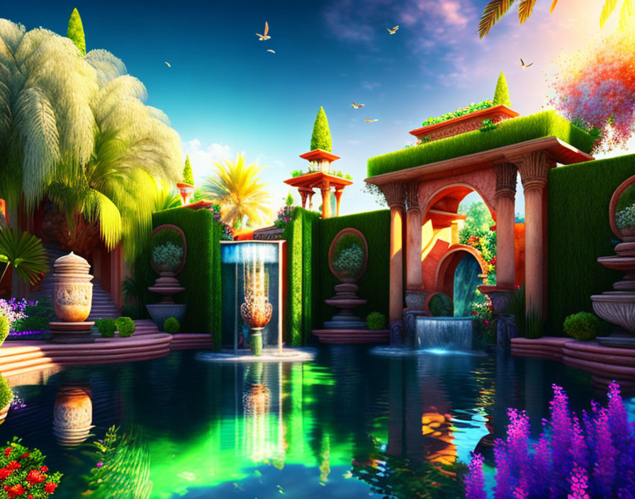 Colorful Fantasy Garden with Pond, Waterfalls, and Birds at Sunset