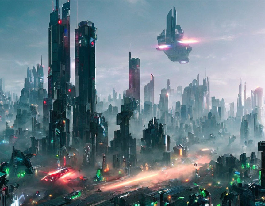 Futuristic cityscape with skyscrapers, neon lights, flying vehicles, and hazy atmosphere