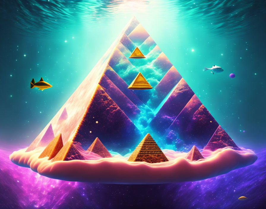 Ethereal pyramid surrounded by floating pyramids in cosmic space