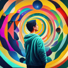 Teal Hoodie Figure in Front of Psychedelic Spiral Background