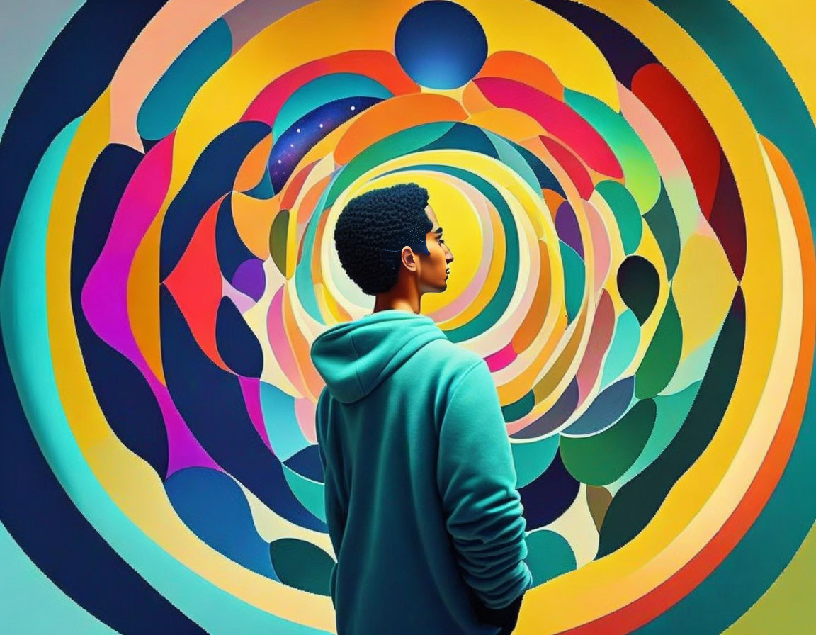 Teal Hoodie Figure in Front of Psychedelic Spiral Background