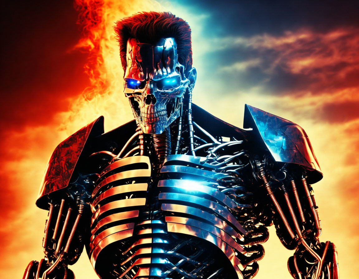 Cyborg with exposed metal skeleton and glowing blue eye on fiery red backdrop