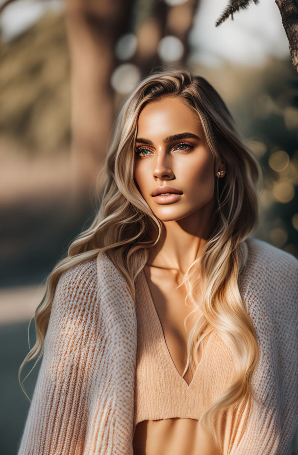 Blonde woman in light pink outfit with long wavy hair outdoors