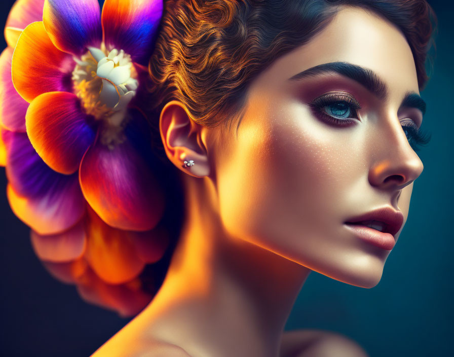 Woman with flawless makeup and bright flower in hair under dramatic lighting