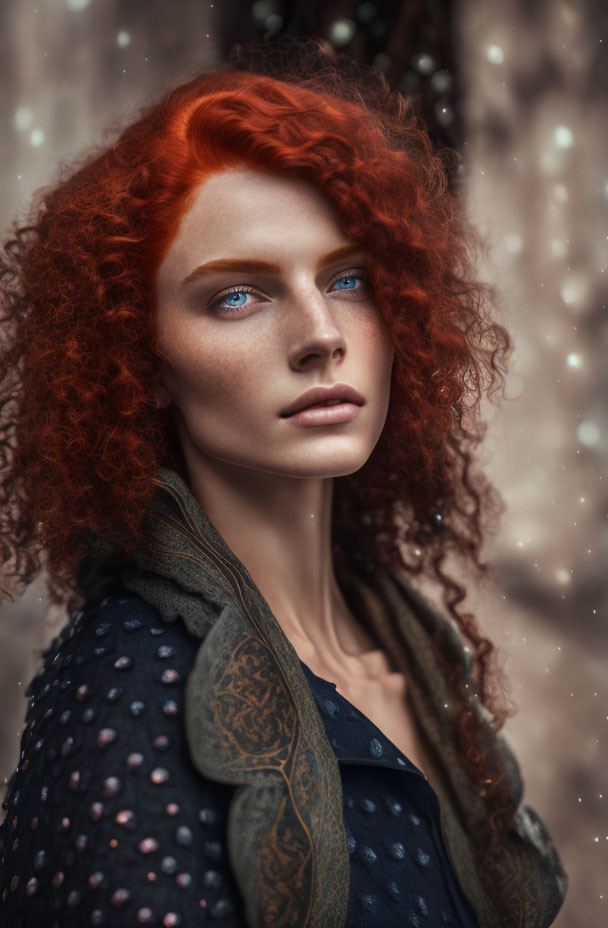 Striking Blue Eyes and Red Curly Hair in Dark Outfit and Green Scarf