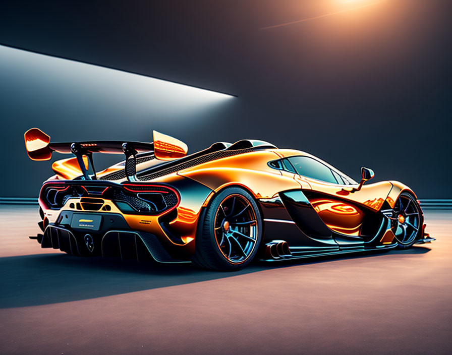 Orange Sports Car with Rear Wing Spoiler and Blue Rims in Moody Studio Lighting