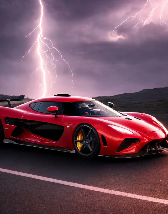 Red sports car parked on road with dramatic lightning strikes in moody sky