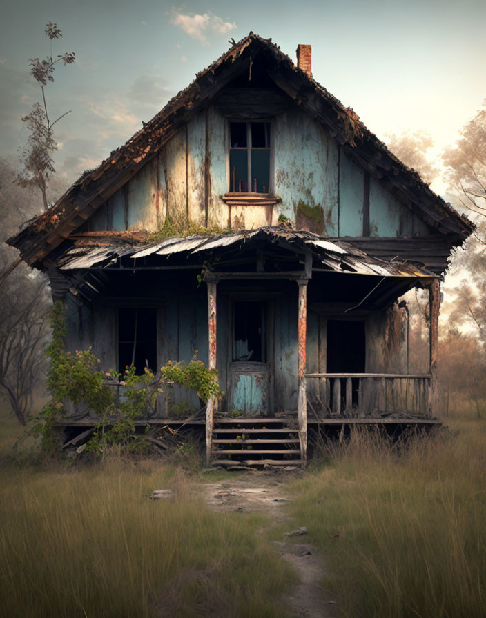 Dilapidated two-story house with peeling blue paint in overgrown surroundings