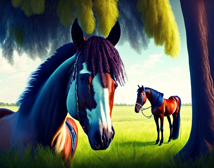 Two horses under shaded tree with one in foreground featuring braided mane.