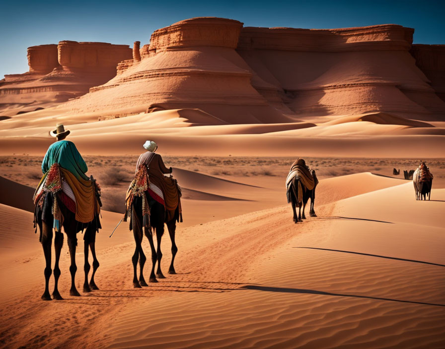 Desert landscape with two people riding camels