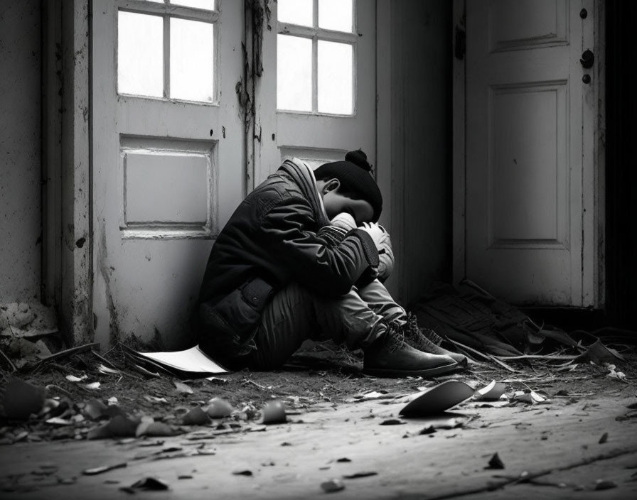 Lonely person sitting in neglected room with debris