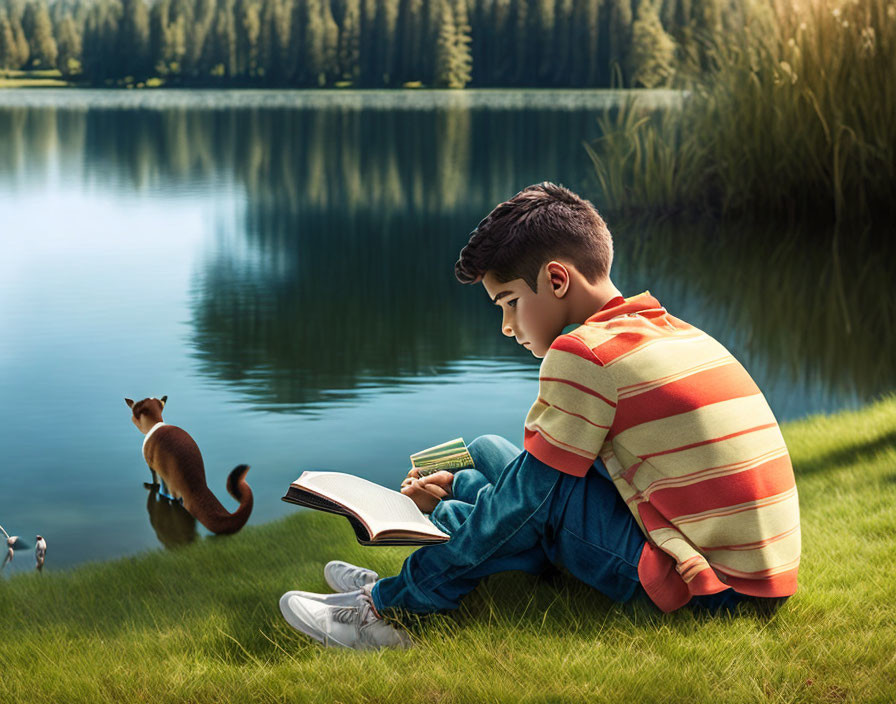 Boy reading book by calm lake with curious ferret and ducks