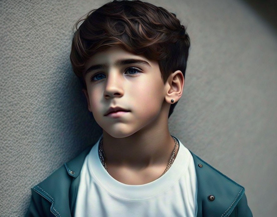 Curly-Haired Boy in Leather Jacket with Blue Eyes and Earring