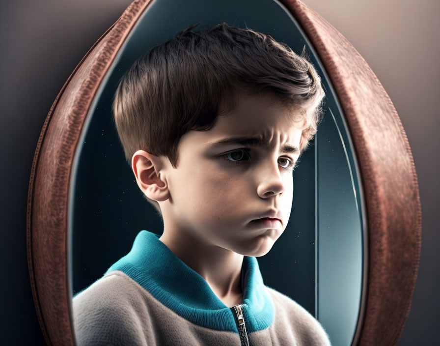 Young boy gazes into oval mirror against dark background