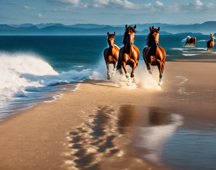 Three chestnut horses galloping on sandy beach with ocean waves and mountains under blue sky