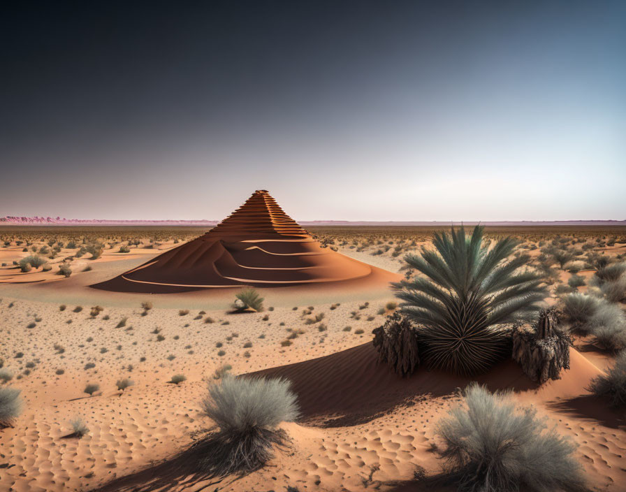 Symmetrical sand dune with desert vegetation under dusky sky