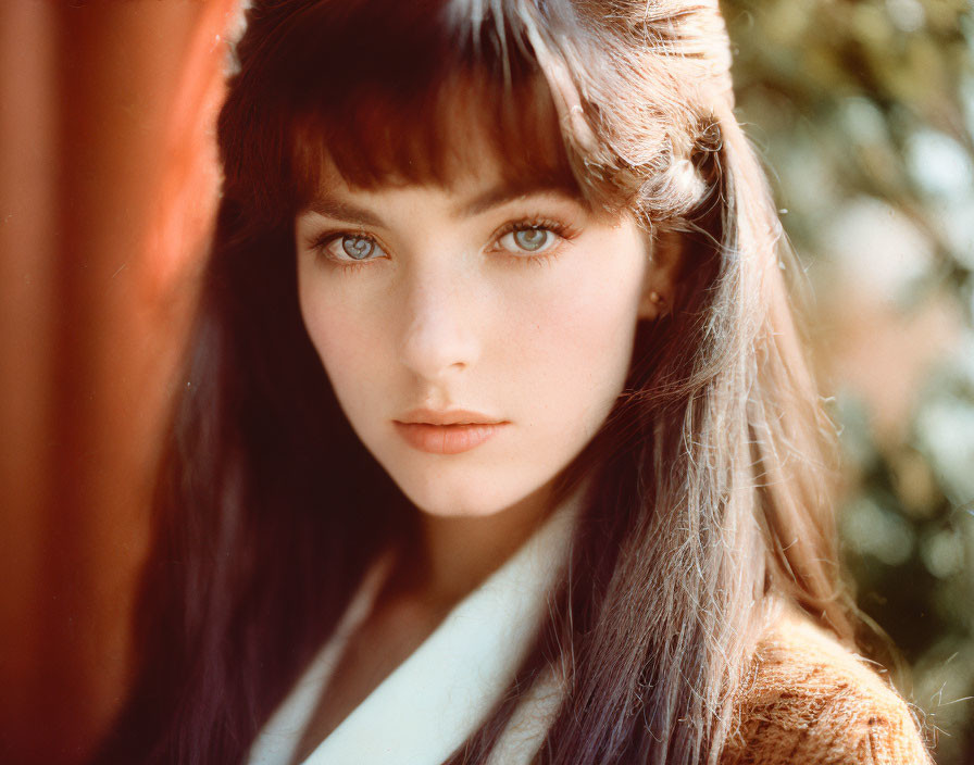 Portrait of a young woman with bangs and blue eyes staring at the camera