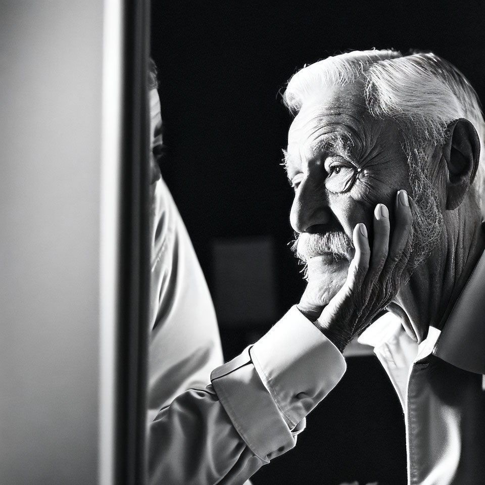 Mature man with full beard gazes into mirror with dramatic lighting