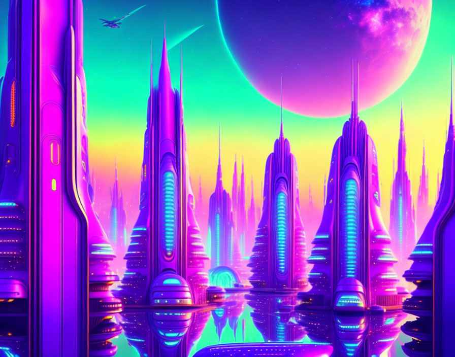 Futuristic cityscape with neon lights and towering spires