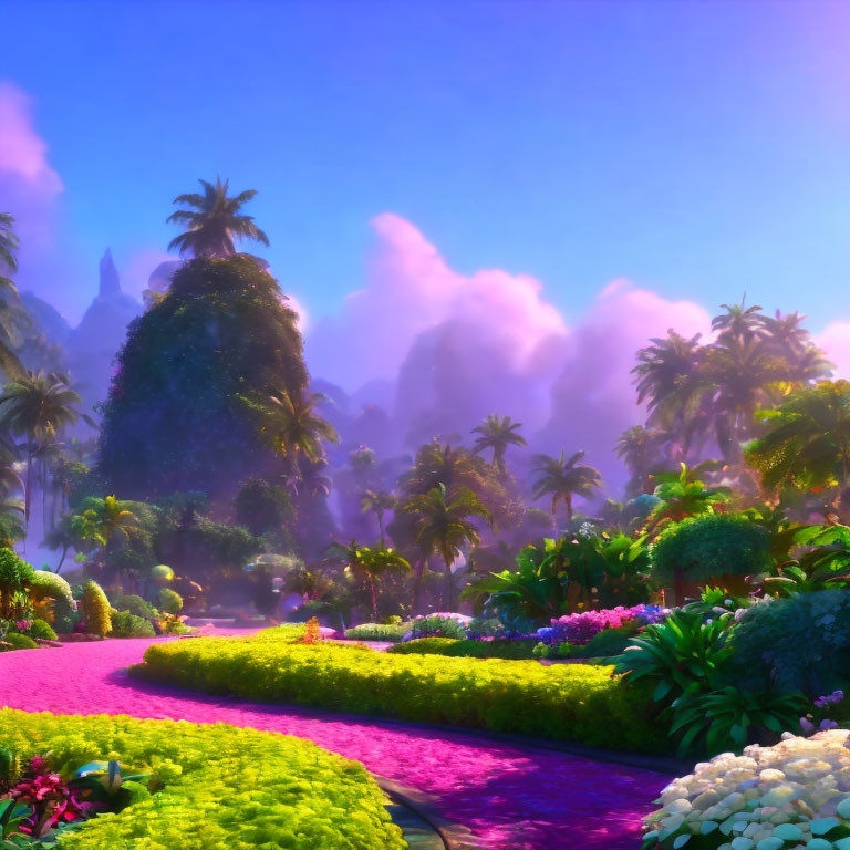 Colorful Garden with Pink Pathway and Misty Mountains