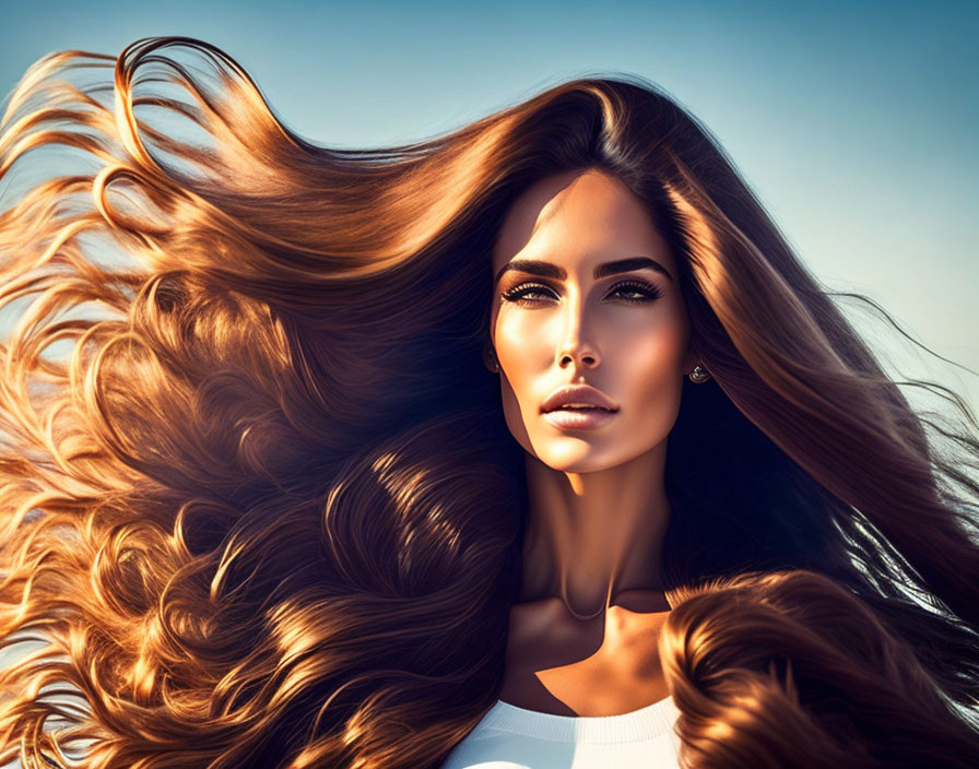 Woman with Voluminous Chestnut Hair in Serene Pose Against Blue Sky