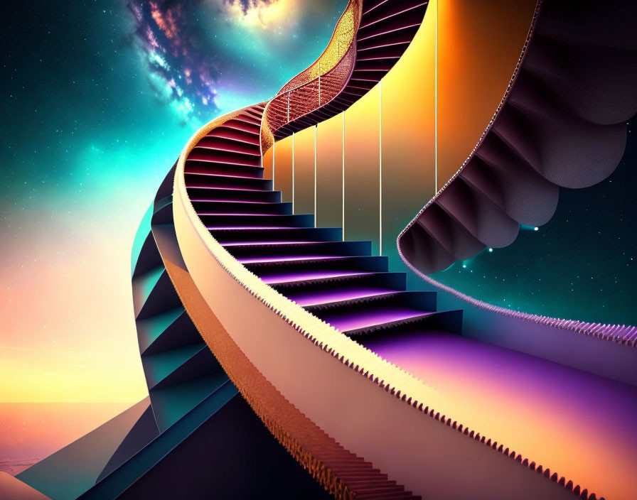 Surreal spiral staircase against cosmic backdrop with stars and nebulae