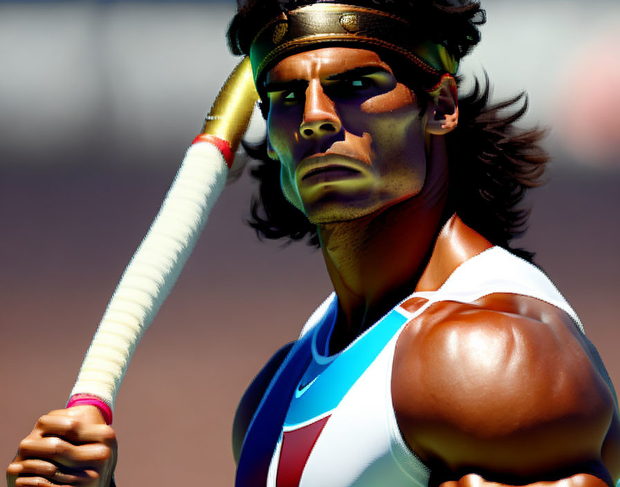 Male athlete in headband holding javelin, 3D render in sportswear