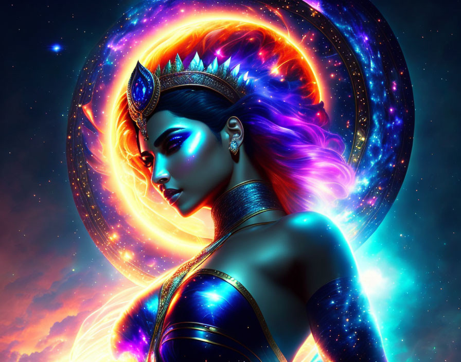 Digital artwork of woman with cosmic backdrop, halo, crown, neon hues