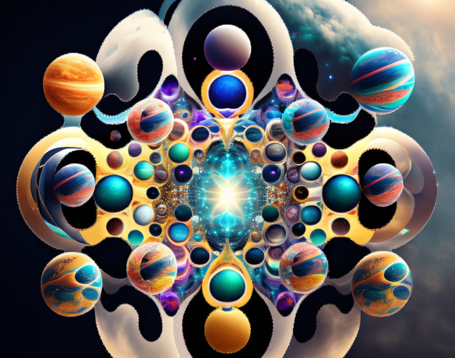 Celestial bodies and ornate patterns in vibrant digital art