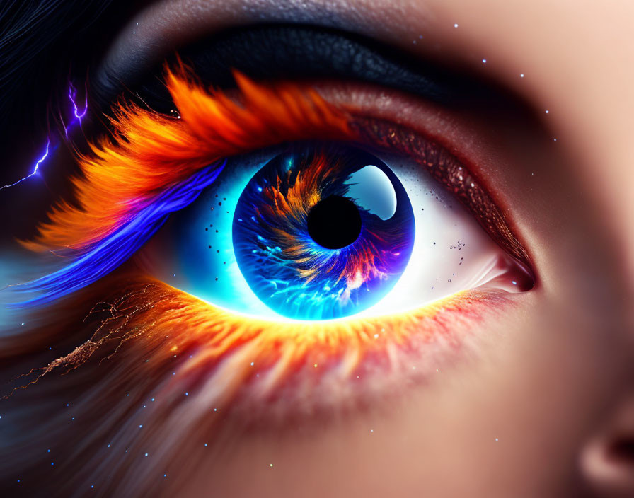 Vibrant digitally altered eye with orange eyelashes and blue starry iris