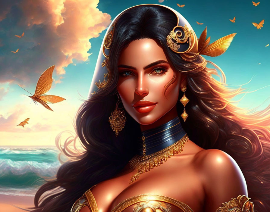 Digital artwork: Woman with long dark hair, ocean background, golden jewelry, butterflies.