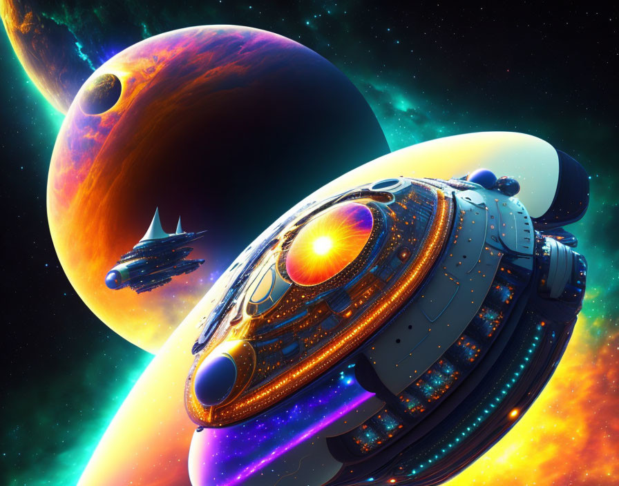 Detailed futuristic spacecraft orbits large planet in vibrant space scene