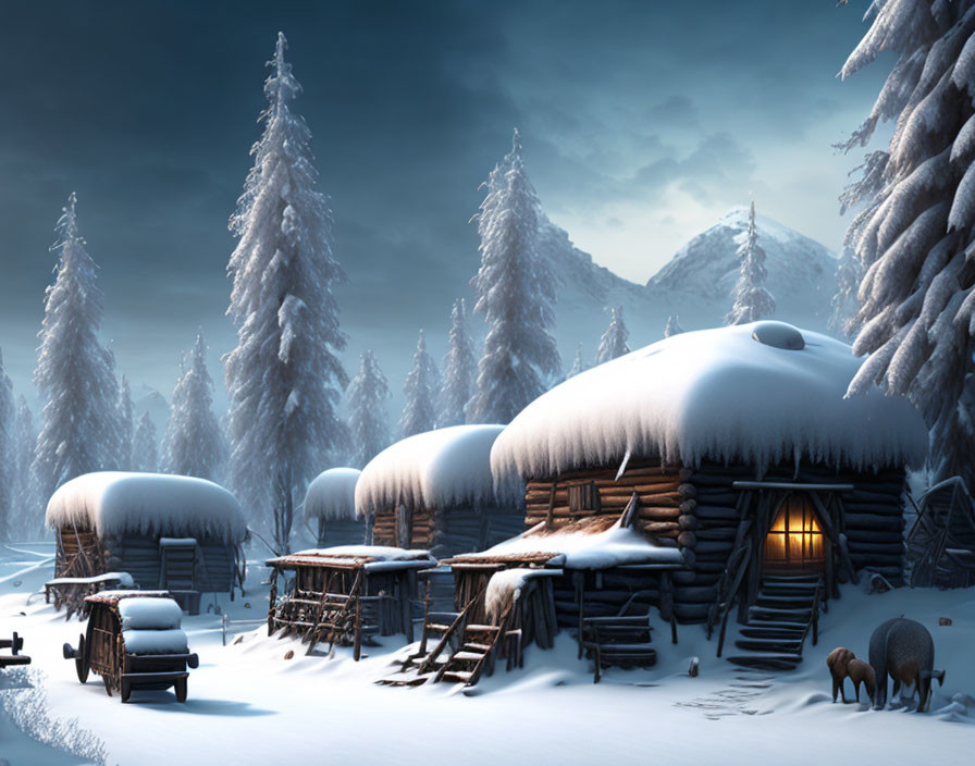 Winter landscape with snow-covered log cabins, pine trees, and sheep at dusk