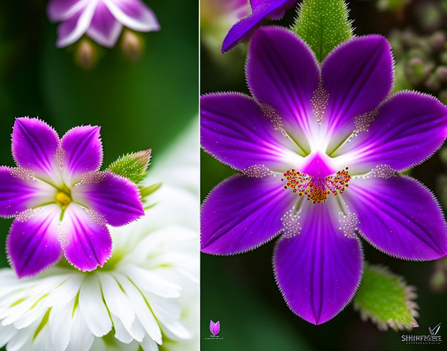 Close-up images: White and pink flower, deep purple petals with detailed center