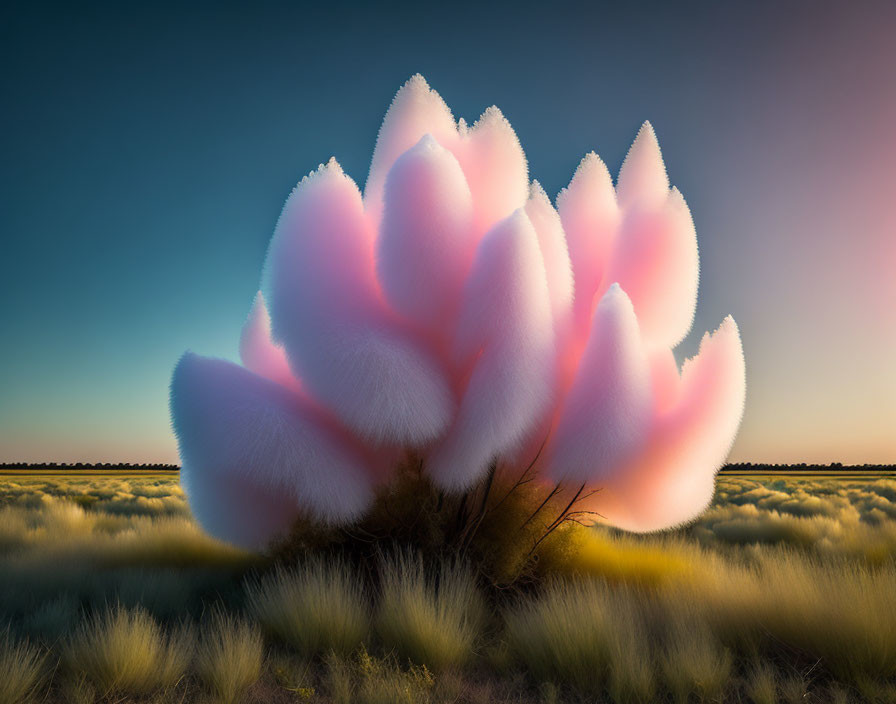 Surreal plant with fluffy pink blossoms in dusky sky landscape