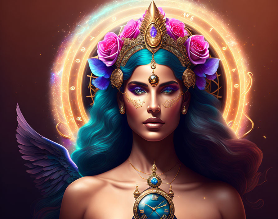 Fantastical blue-skinned woman with ornate jewelry and cosmic backdrop