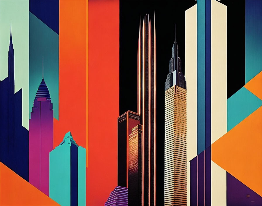 Colorful geometric skyscraper abstract art with cityscape theme