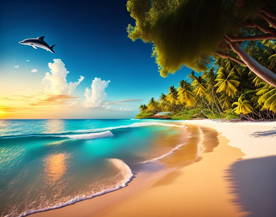 Tropical beach scene with clear blue water, white sand, palm trees, colorful sunset sky, and