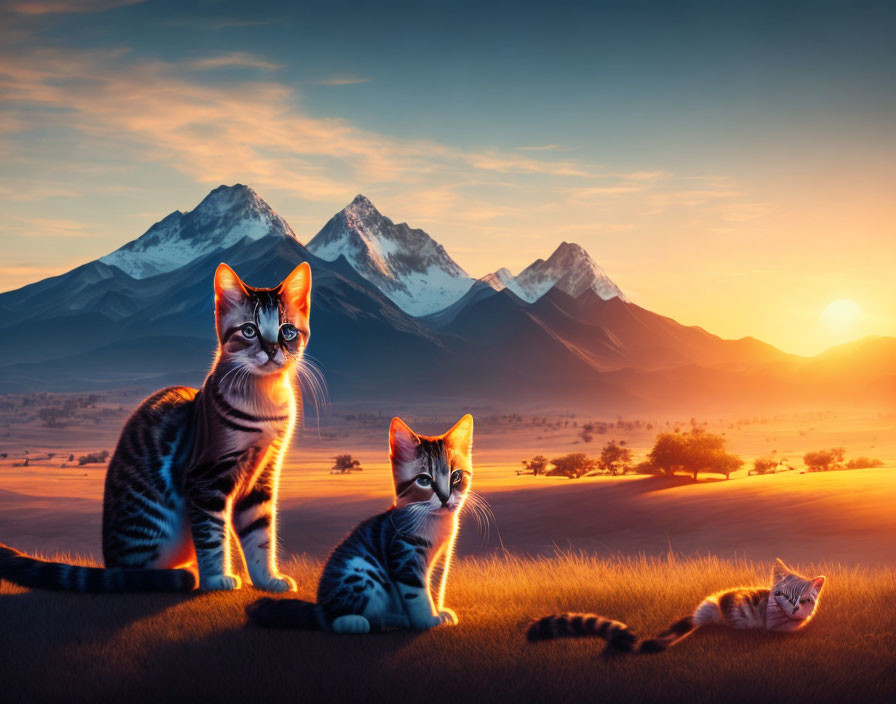 Whimsical Cats and Kitten in Mountain Sunset Scene